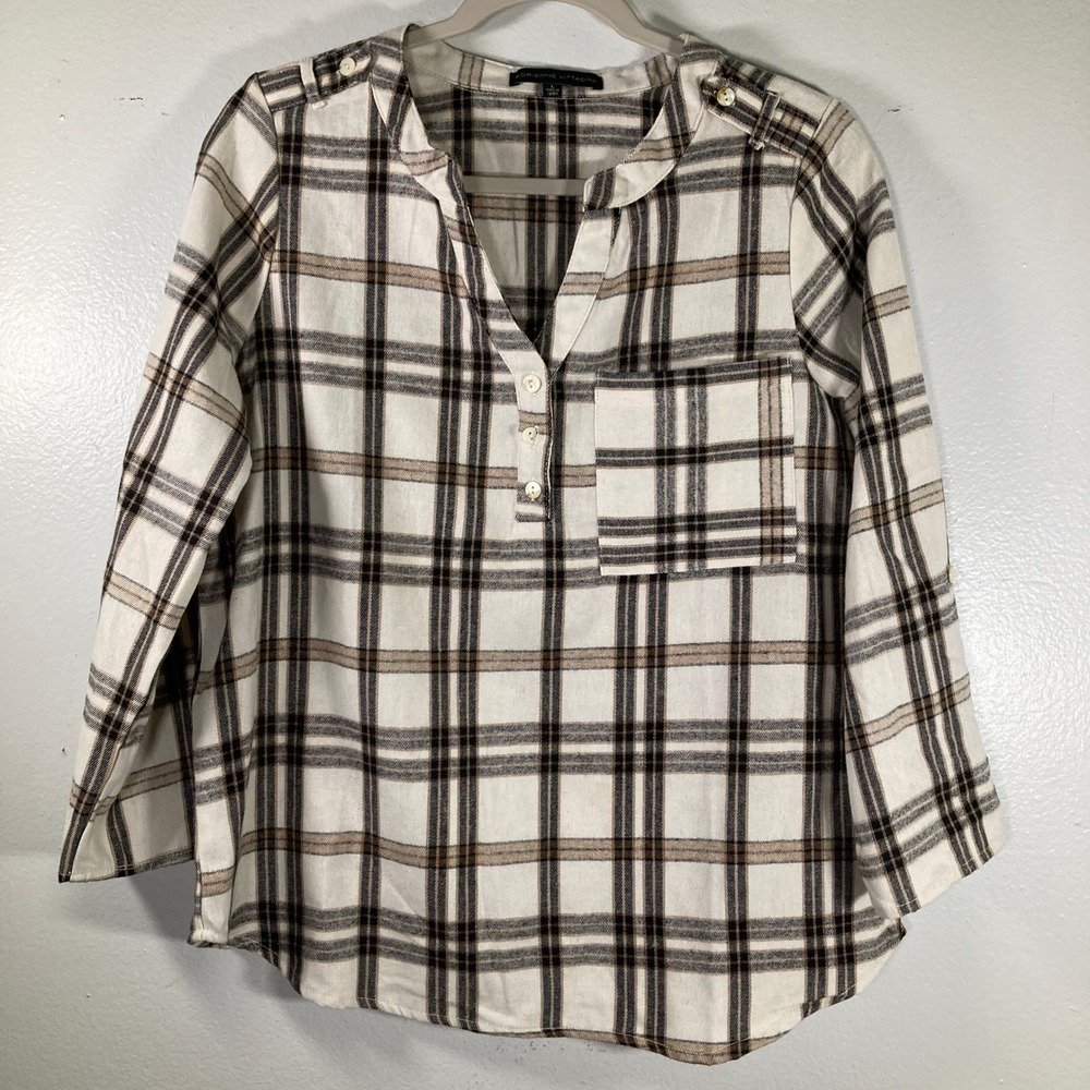 Adrienne Vittadini Plaid Henley Blouse Cream Brown Roll Tab Sleeve Large VW34192
